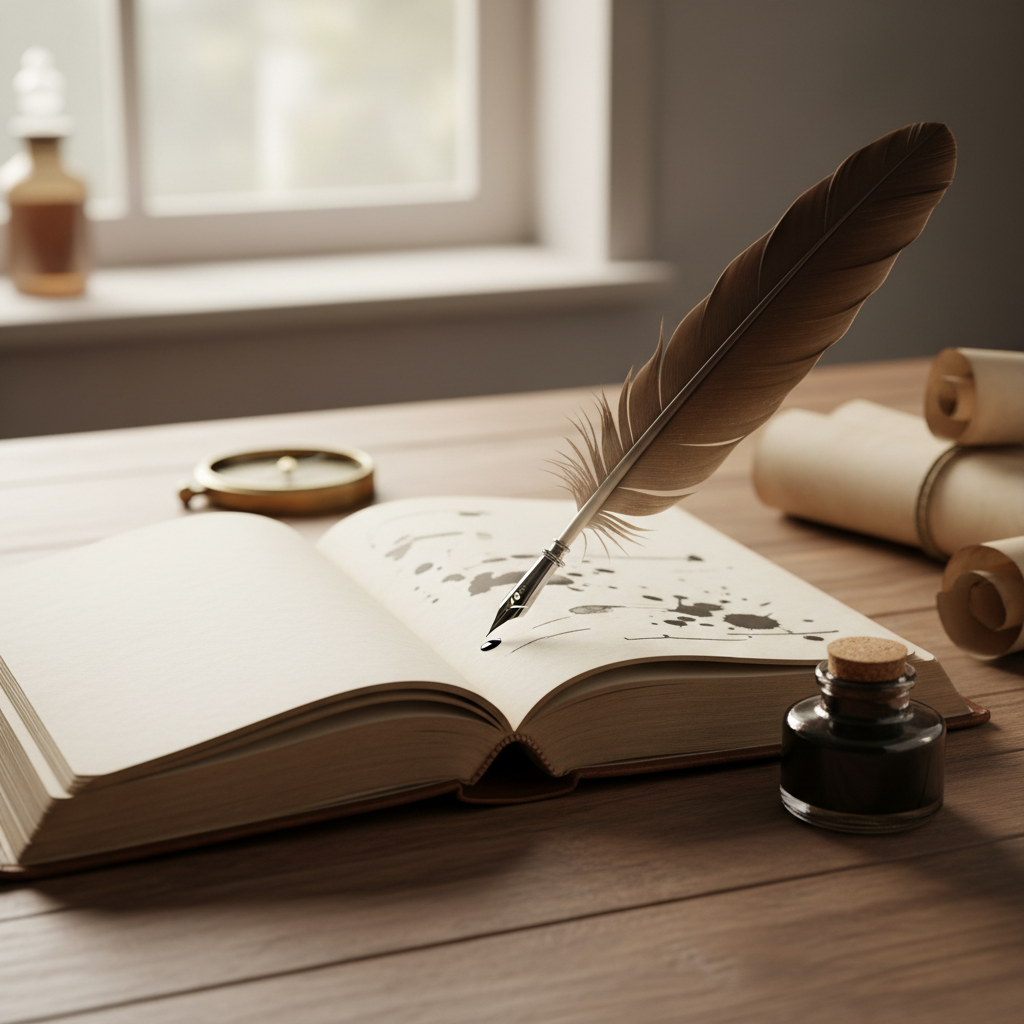 Open journal with quill pen