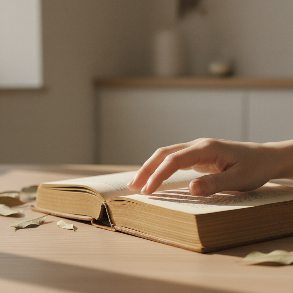 Hand touching pages of an old book